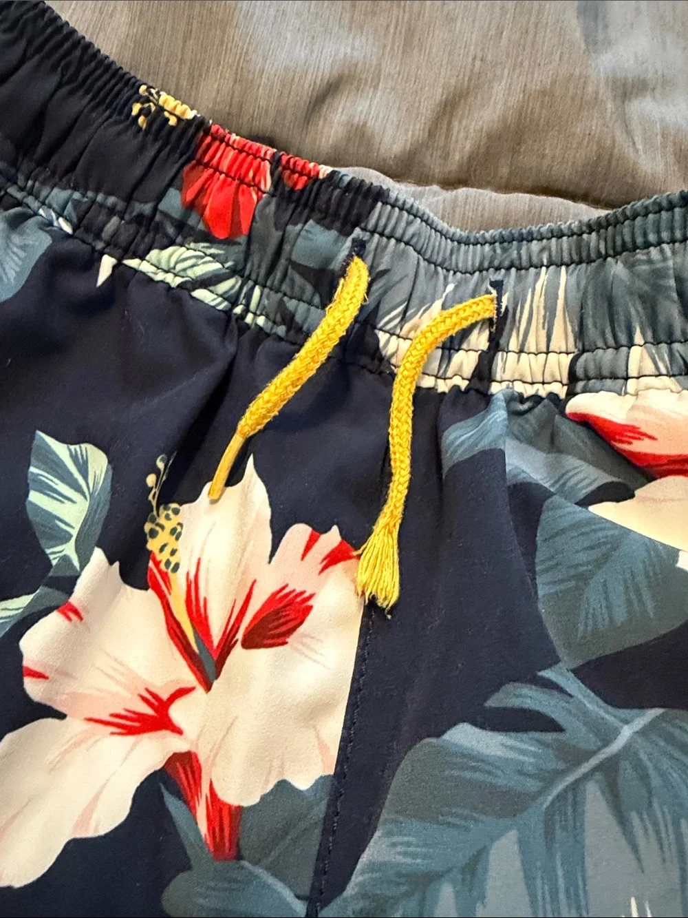 Crewcuts Navy Tropical Floral Swim Trunks with Yellow Drawstring
